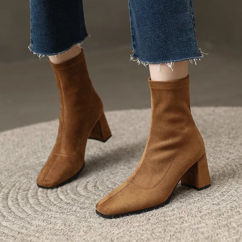 Classic giant, easy to wear, super beautiful caramel color square toe high-heeled elastic short boots with back zipper, slim and elegant sock boots