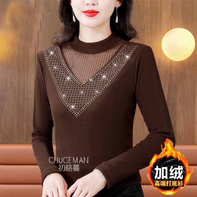 專櫃同款重工燙鑽蕾絲針織打底衫女長袖上衣秋冬新款寬鬆加絨小衫
