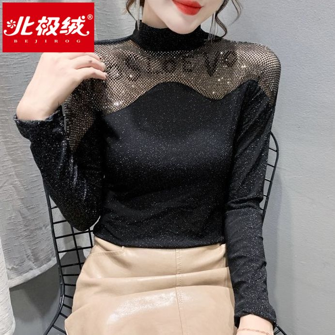 北極絨秋冬新款高領時尚鏤空氣質網鑽修身長袖打底衫女潮燙鑽