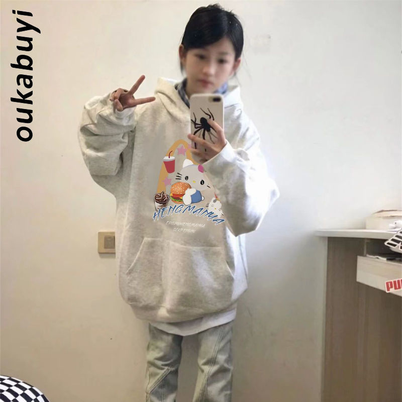 OUKABUYI100%純棉連帽衛衣女秋冬鹽系kitty貓學院風甜美清新上衣
