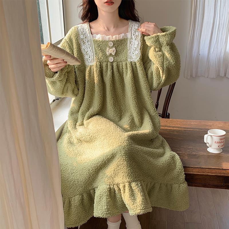 2023年新款女甜美公主風睡裙珊瑚絨秋冬季加厚法蘭絨保暖寬鬆居家
