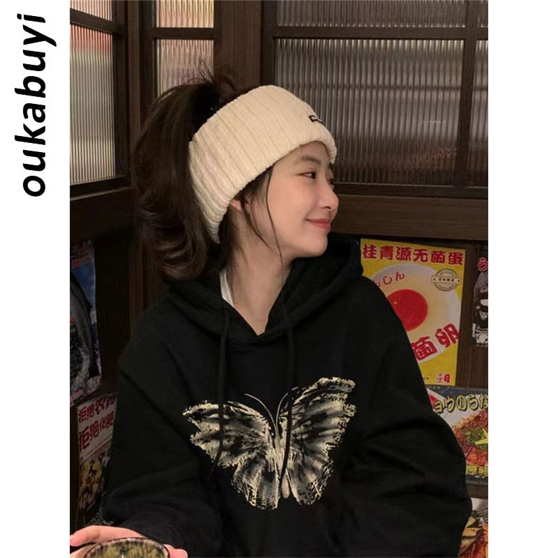 OUKABUYI100%純棉連帽衛衣女美式藝術風小眾設計感氣質寬鬆上衣潮
