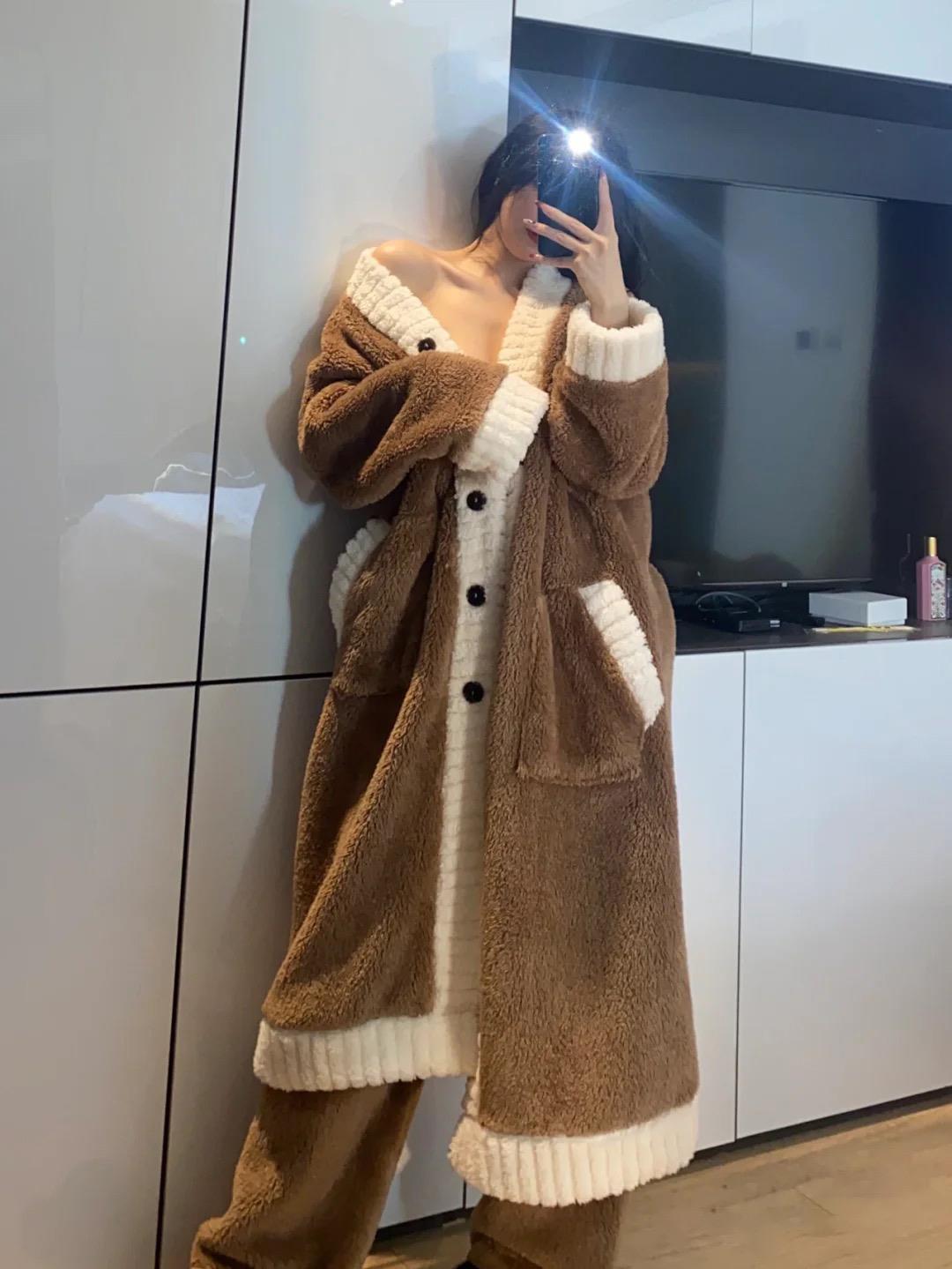長款法蘭絨珊瑚絨睡衣女秋冬季加絨加厚睡袍睡裙家居服可外穿套裝