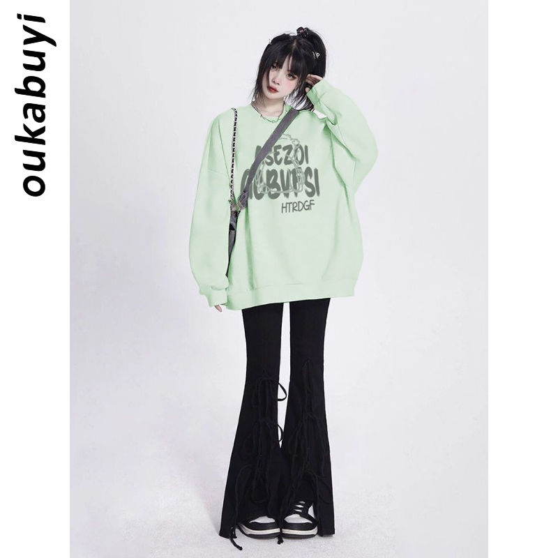 OUKABUYI100%純棉圓領衛衣女秋冬多巴胺學院甜美情侶款寬鬆上衣潮