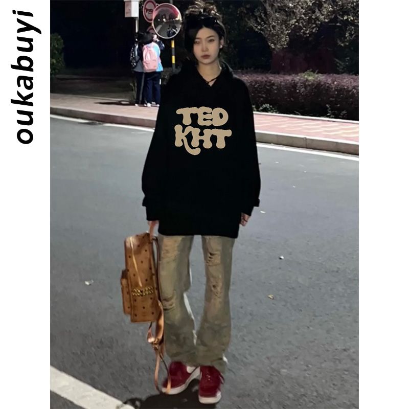 OUKABUYI100%純棉連帽衛衣女秋冬美式校園風簡約字母印花寬鬆上衣