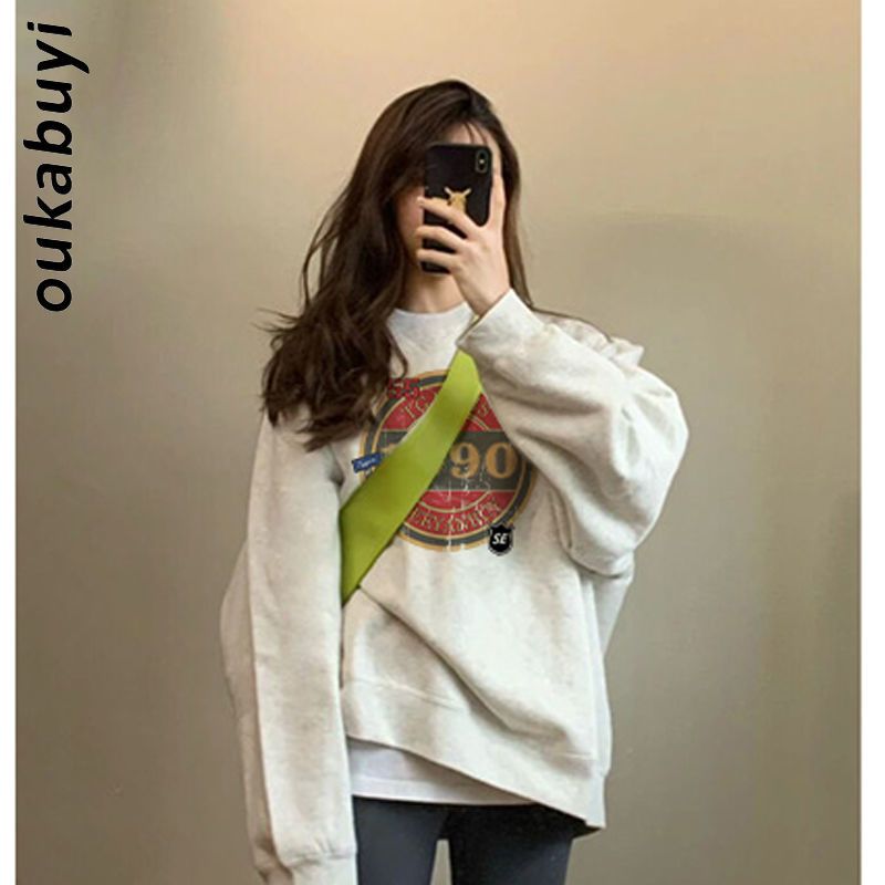 OUKABUYI100%純棉圓領衛衣女秋冬加絨多巴胺高街原宿寬鬆上衣潮流