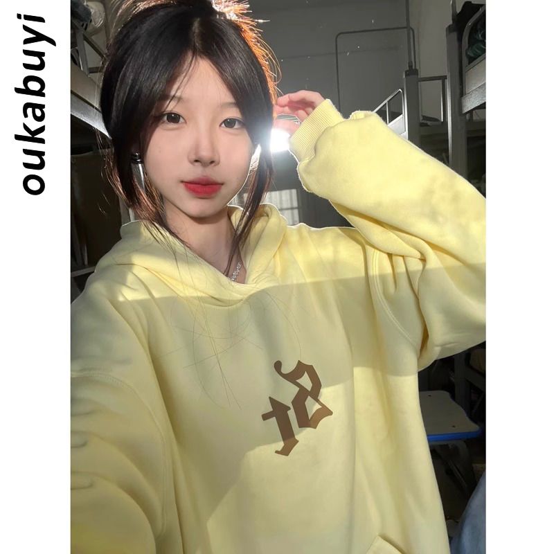 OUKABUYI100%純棉連帽衛衣女秋冬美式個性設計感潮流休閒寬鬆上衣