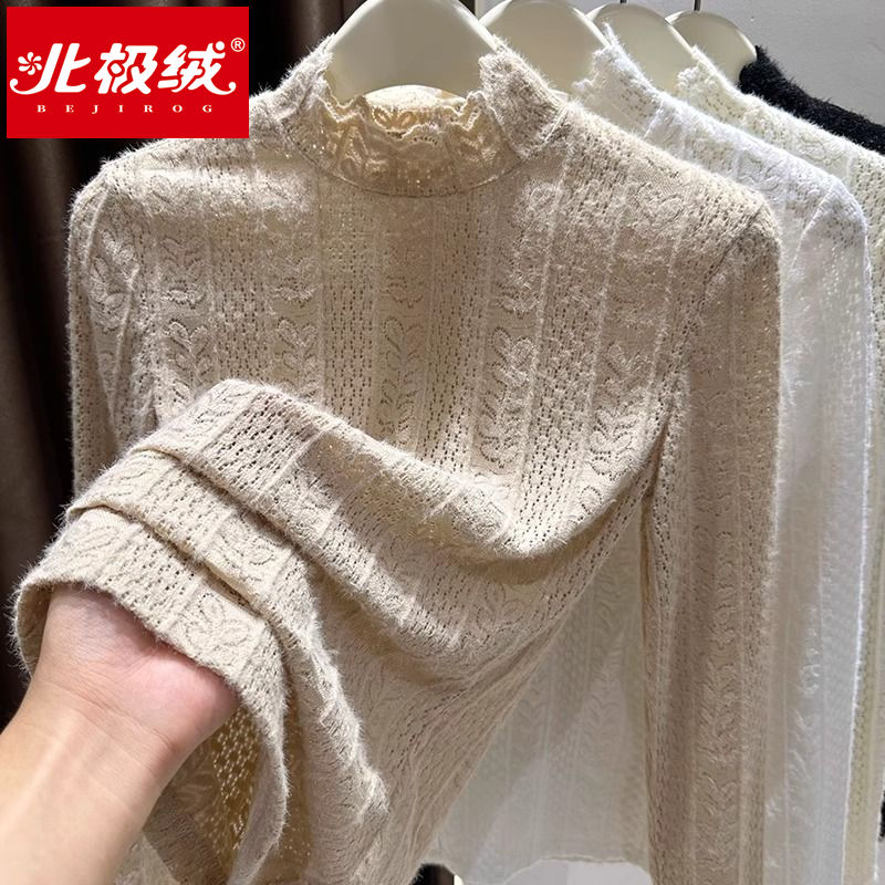 北極絨半高領蕾絲打底衫女秋冬高級感外穿長袖保暖氣質內搭上衣潮