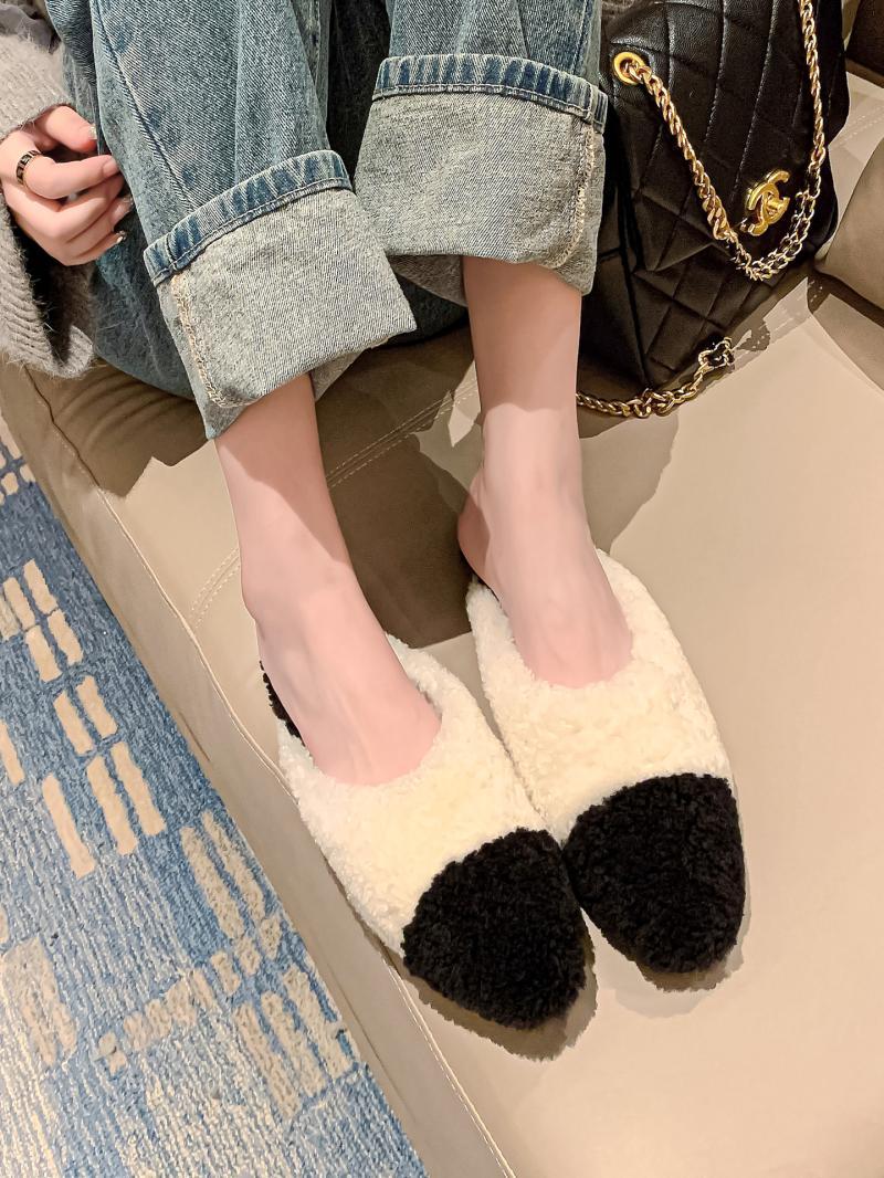 包頭毛毛半拖鞋法式氣質保暖加絨穆勒拖鞋女秋冬外穿平底毛毛鞋子