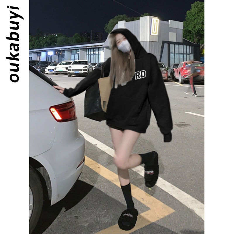 OUKABUYI100%純棉連帽衛衣女秋冬美式潮流時尚顯瘦設計感寬鬆上衣