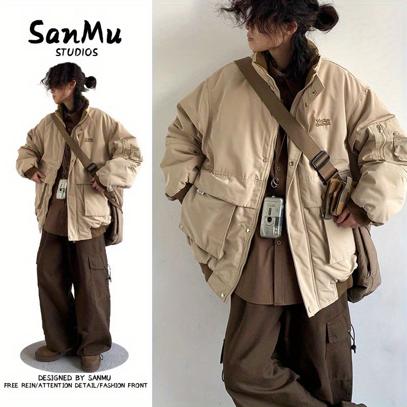 日系復古工裝飛行棉服男女生寬冬季新款松大口袋加厚保暖棉衣外套