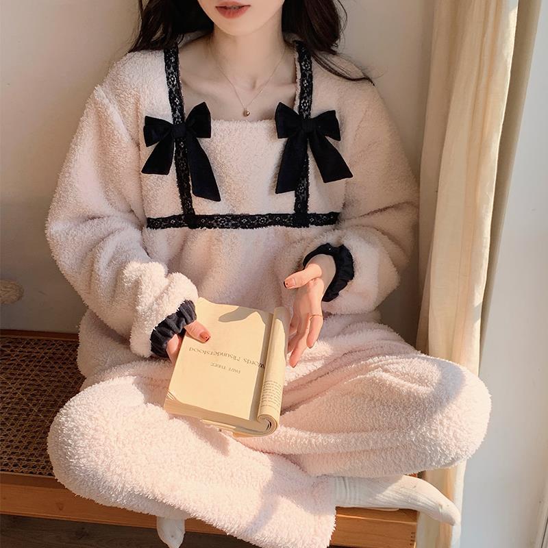 珊瑚絨睡衣女冬季公主風蝴蝶結秋冬加絨加厚法蘭絨毛絨家居服冬款