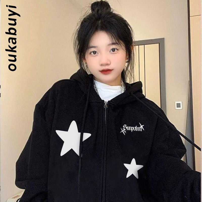 OUKABUYI100%純棉連帽衛衣女秋冬日系美拉德ins風設計感寬鬆外套