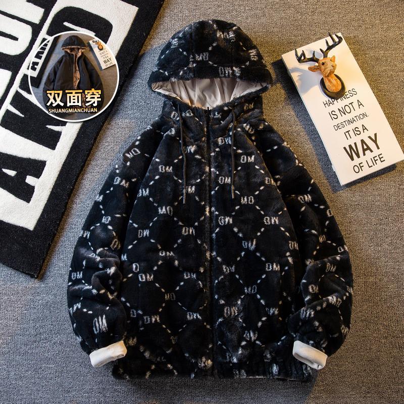 Paul trendy full-print lamb wool reversible cotton coat for men in autumn and winter plus velvet and thickened lamb velvet warm cotton coat