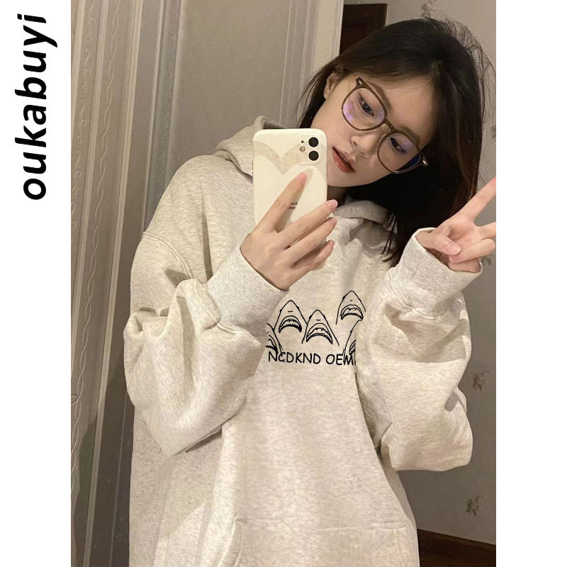 OUKABUYI100%純棉連帽衛衣女秋冬高街設計感個性vibe風寬鬆上衣潮