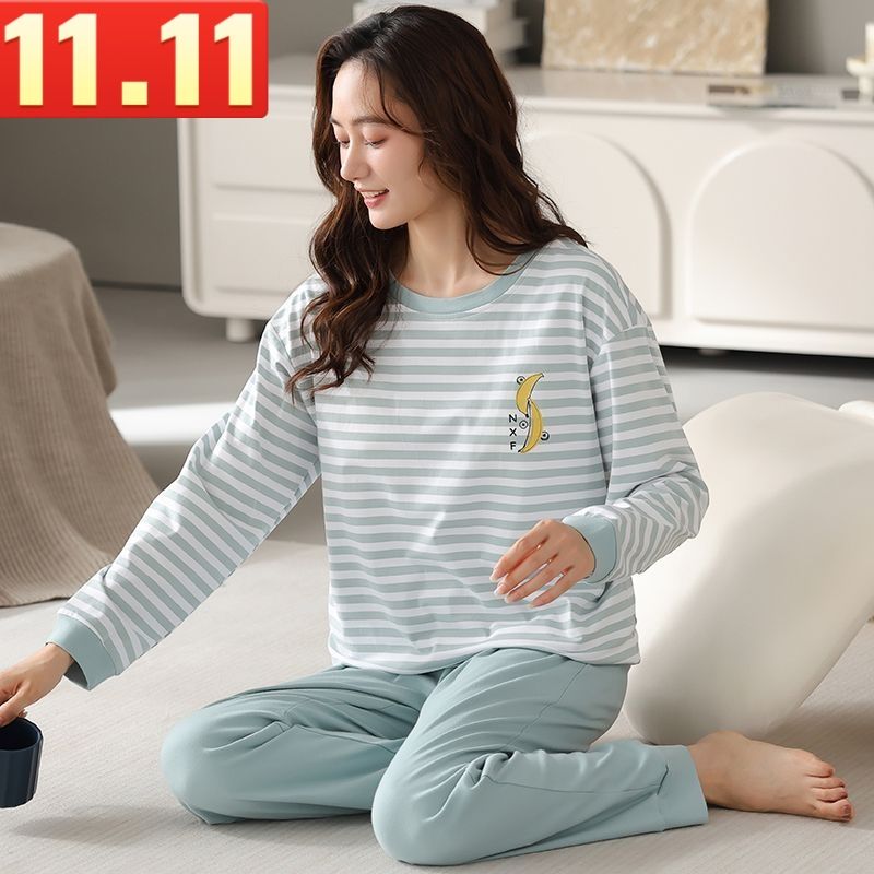 100% cotton pajamas with breast pads for women spring and autumn long-sleeved striped cotton autumn middle-aged plus size home wear set