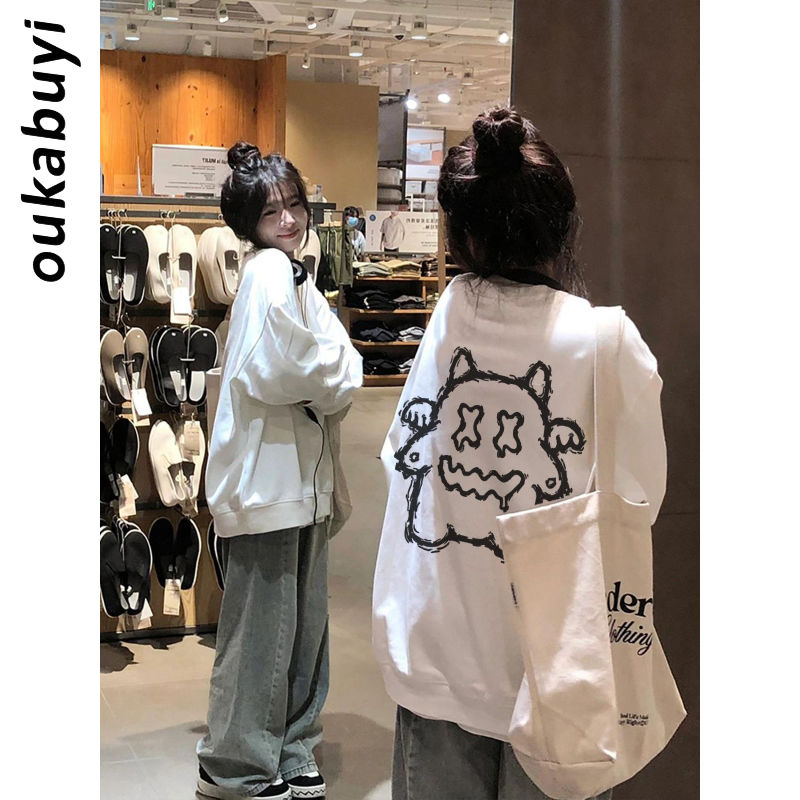Polovillae100%純棉圓領衛衣女秋冬鹽系校園風個性甜辣寬鬆上衣潮