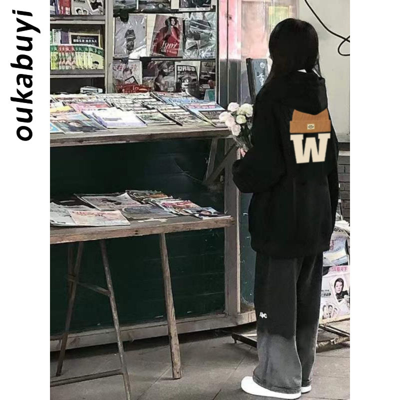 OUKABUYI100%純棉連帽衛衣女秋冬歐美獨特設計感帽子印花寬鬆上衣
