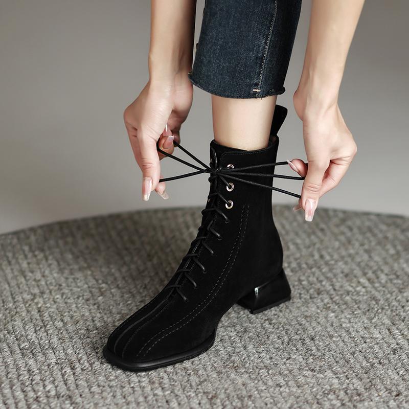 Frosted square toe thick heel, medium heel, cross strap, rear zipper Martin boots for women, versatile autumn and winter slim ankle boots
