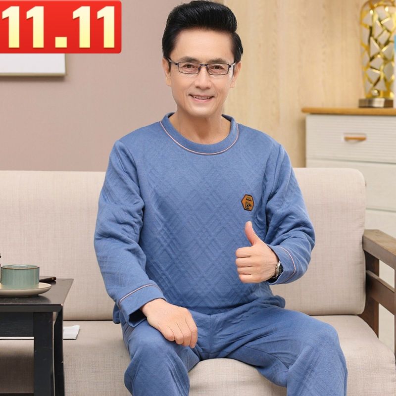 男士夾層睡衣秋冬季純棉加厚夾棉薄款套頭中年人爸爸空氣棉家居服