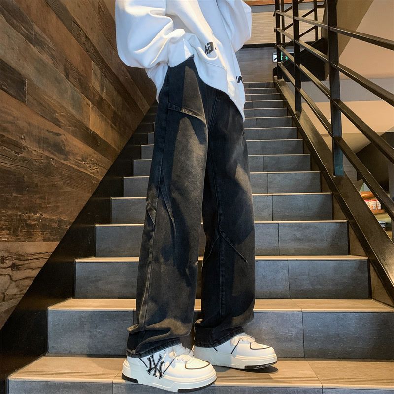 美式vibe水洗黑色拼接牛仔褲男ins潮牌復古設計感寬鬆直筒休閒褲