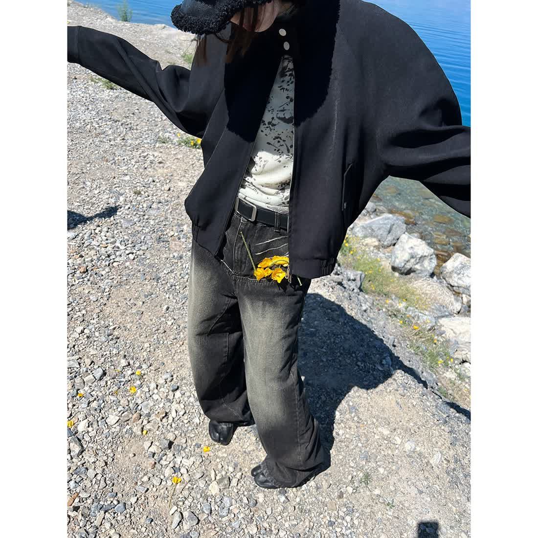 美式復古潮牌水洗直筒牛仔褲男女街頭寬鬆小眾設計感闊腿長褲中腰
