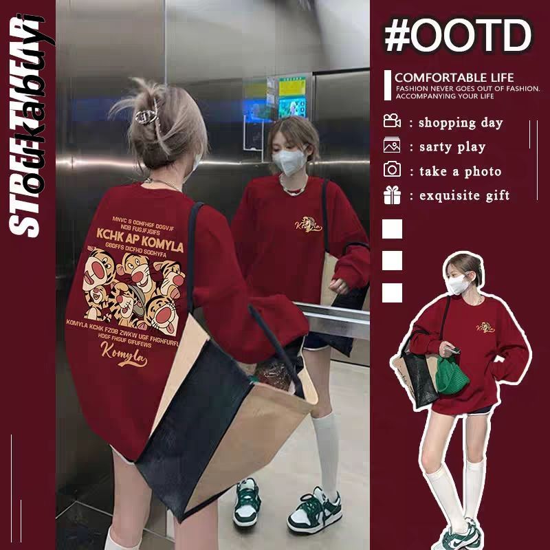 OUKABUYI100%純棉圓領衛衣女秋冬韓系卡通個性印花寬鬆上衣潮流