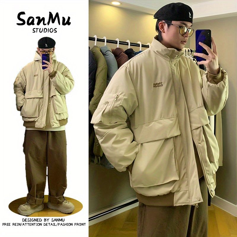 日系工裝立領棉服外套加厚棉衣阿美咔嘰夾克男冬季大口袋加棉夾克