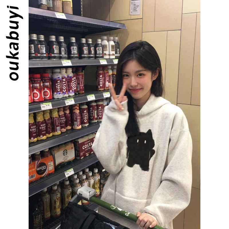 OUKABUYI100%純棉連帽衛衣女秋冬甜美小貓設計感校園寬鬆百搭上衣