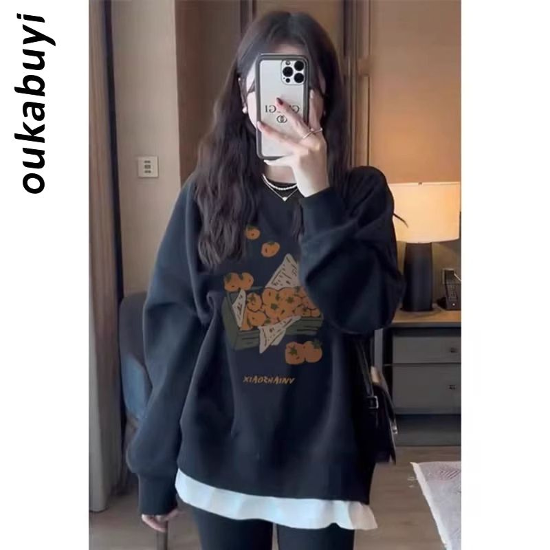OUKABUYI100%純棉圓領衛衣女秋冬高街慵懶校園風小眾甜美寬鬆上衣