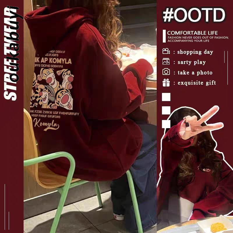 OUKABUYI100%純棉連帽衛衣女秋冬美式卡通學院風休閒個性寬鬆上衣