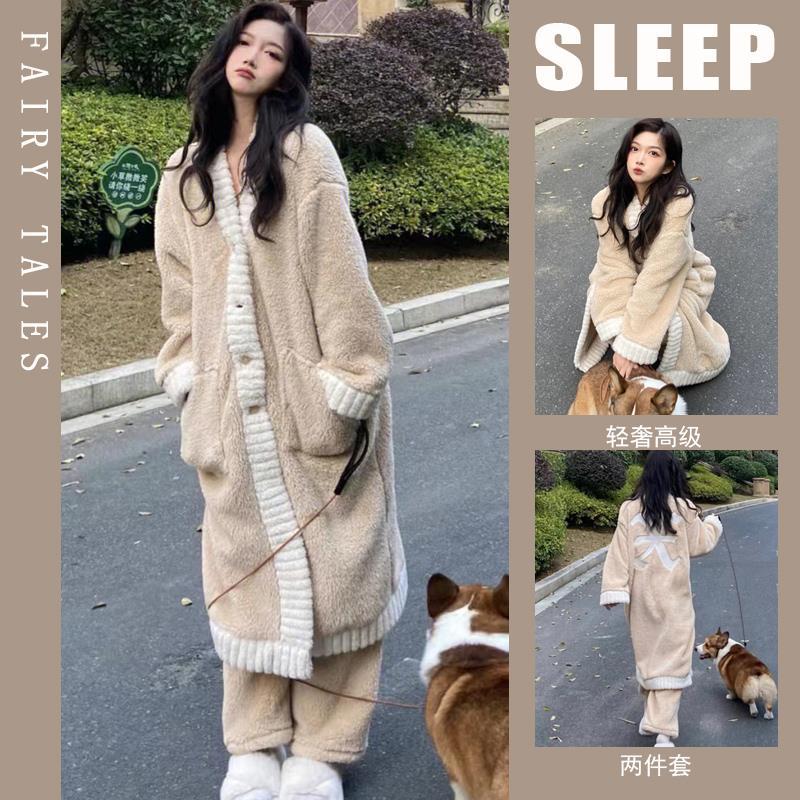秋冬輕奢加絨加厚中長款法蘭絨睡袍衣女家居服情侶浴袍套裝可外穿