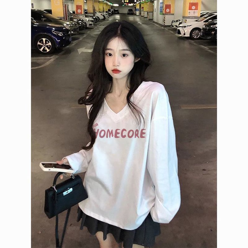 純棉慵懶風v領中長款長袖t恤女2023秋冬季新款設計感寬鬆韓版上衣