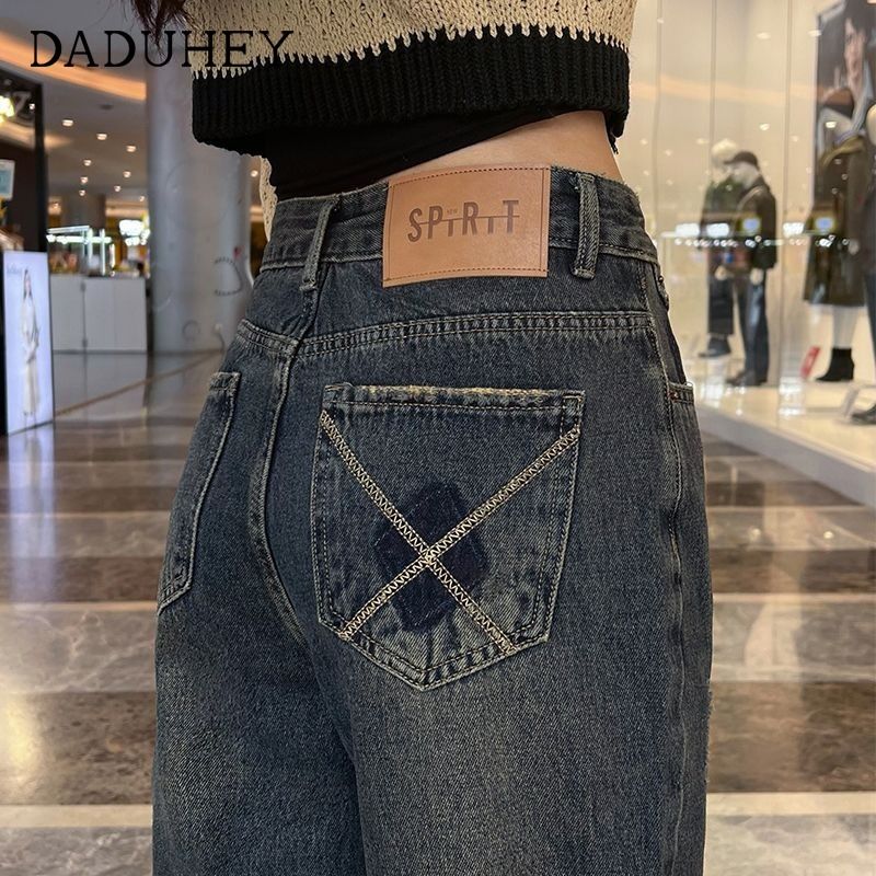 American wide-leg jeans for women 2023 autumn and winter cement gray high-waisted loose contrasting color slim narrow straight-leg pants