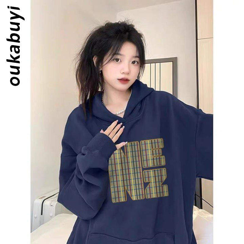 OUKABUYI100%純棉連帽衛衣女美拉德秋冬氣質字母學生休閒寬鬆上衣