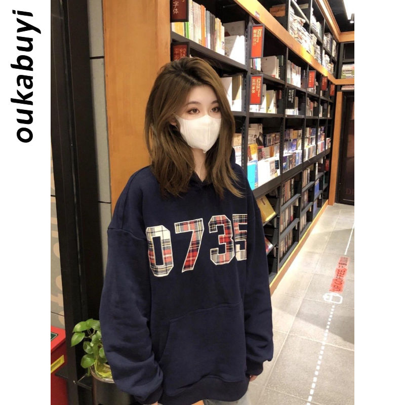 OUKABUYI100%純棉連帽衛衣女韓系時尚字母加絨加厚設計感寬鬆上衣