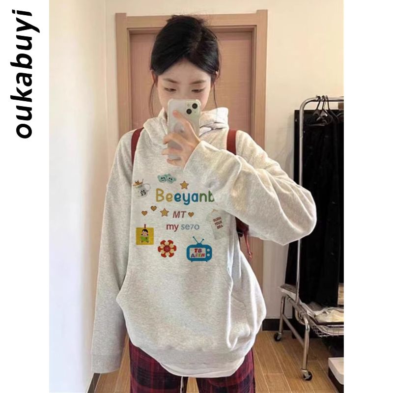 OUKABUYI100%純棉連帽衛衣女秋冬復古設計感清新學院風寬鬆上衣潮