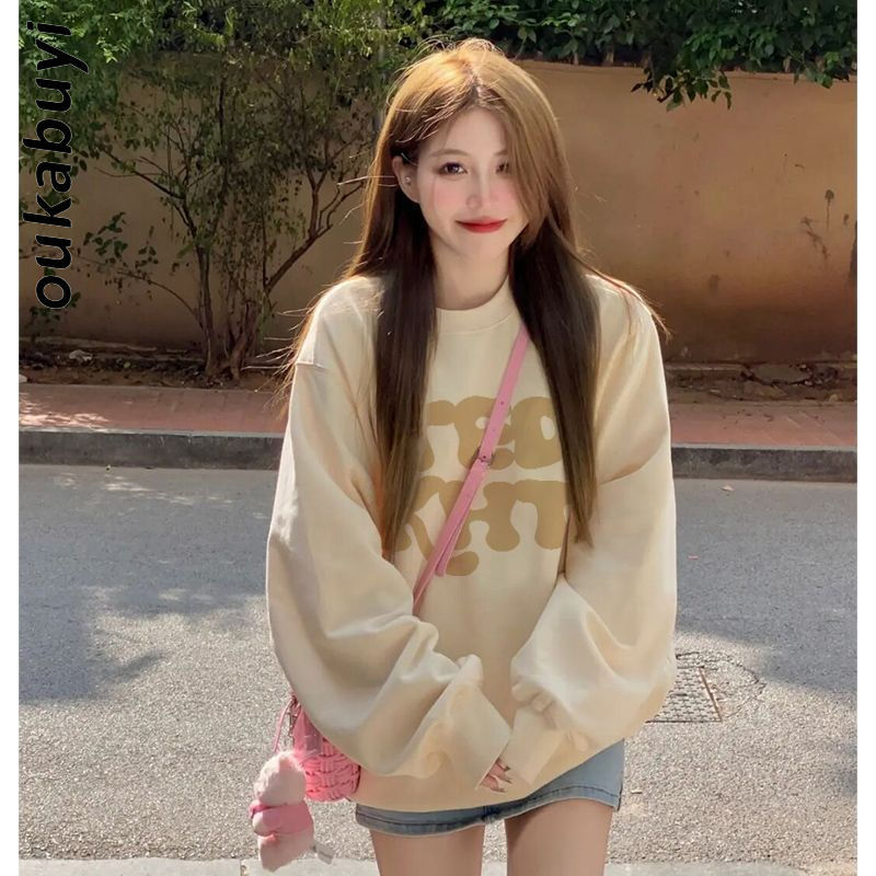 OUKABUYI100%純棉圓領衛衣女秋冬歐美加絨加厚經典氣質百搭上衣潮