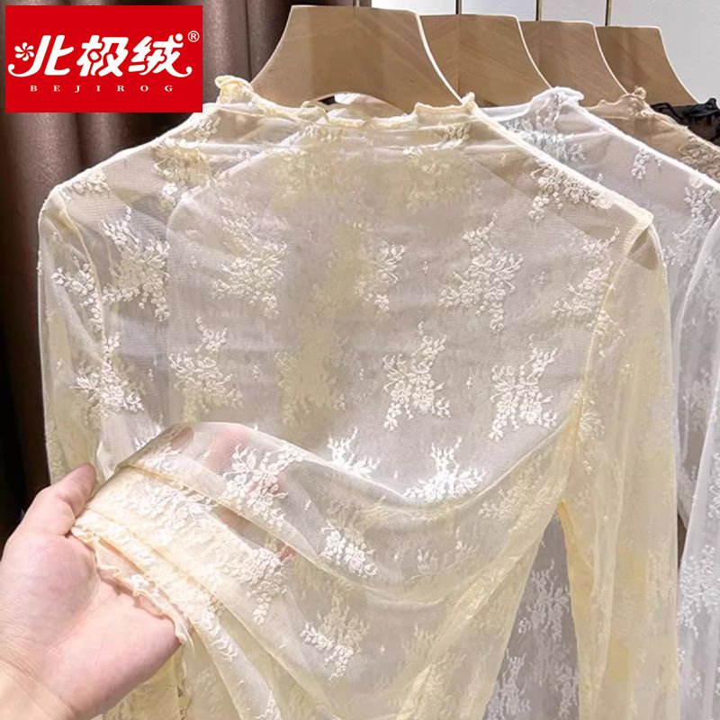 北極絨半高領蕾絲打底衫女新款毛衣內搭紗衣薄款木耳邊網紗上衣