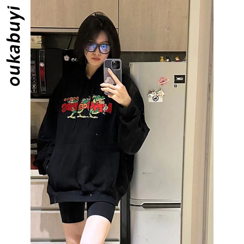 OUKABUYI100%純棉連帽衛衣女秋冬美式復古設計感情侶休閒寬鬆上衣