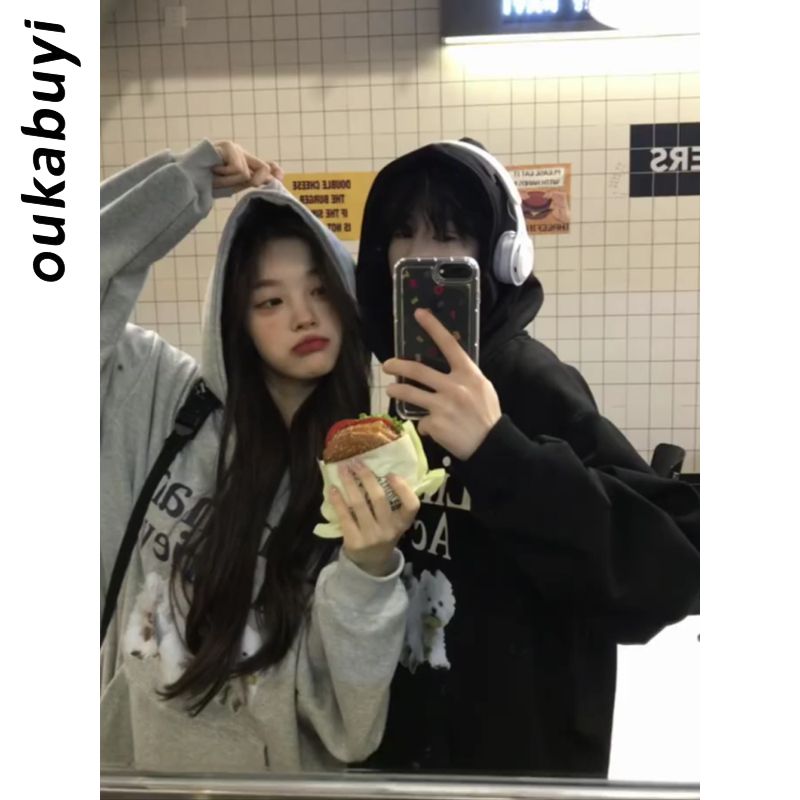 OUKABUYI100%純棉連帽衛衣女秋冬韓系情侶款vibe風小狗遮肉上衣潮