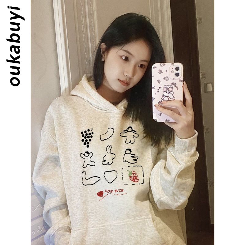 OUKABUYI100%純棉連帽衛衣女秋冬鹽系小清新可愛印花寬鬆百搭上衣