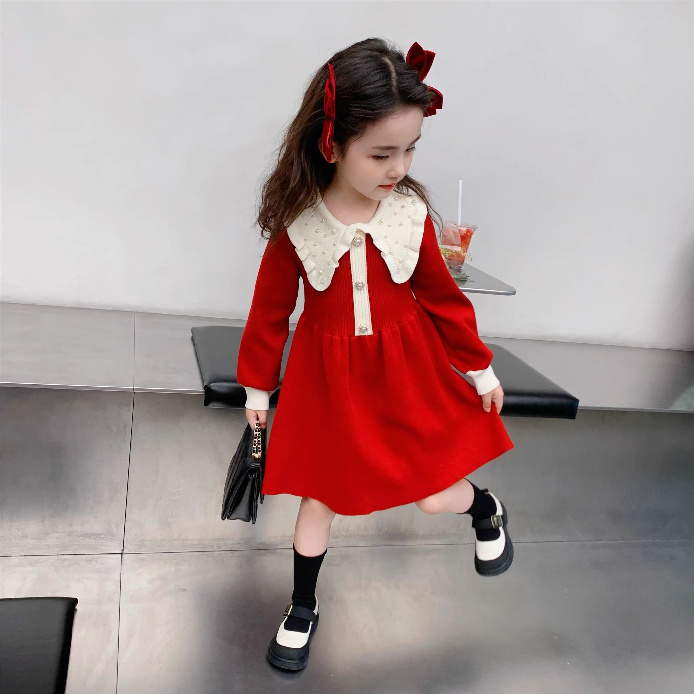 女童红色针织衫连衣裙秋冬款小女孩毛衣裙子儿童学院风洋气公主裙