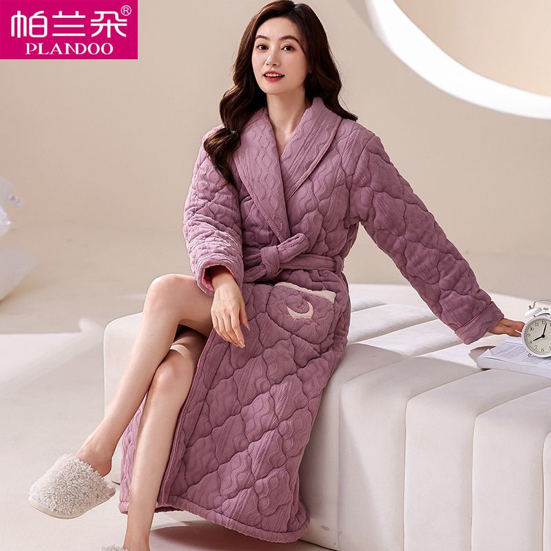帕蘭朵女士睡袍冬季三層加厚夾棉襖牛奶絨家居服珊瑚絨中長款睡衣