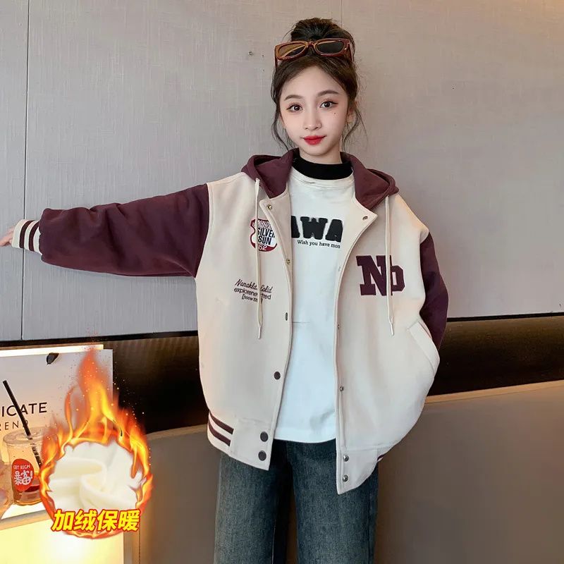 Men's and women's double-layered velvet thickened jackets, parent-child clothing, autumn and winter styles for middle-aged and older children, student hooded baseball uniforms