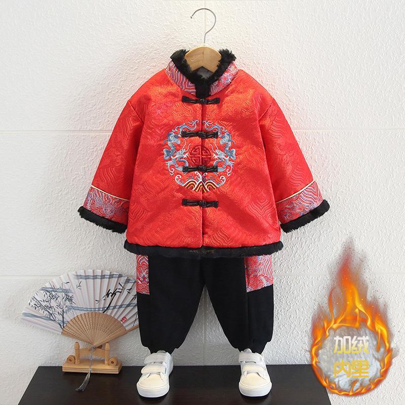 男童拜年服冬季加厚中國風新年裝加絨冬裝棉衣套裝寶寶唐裝過年服