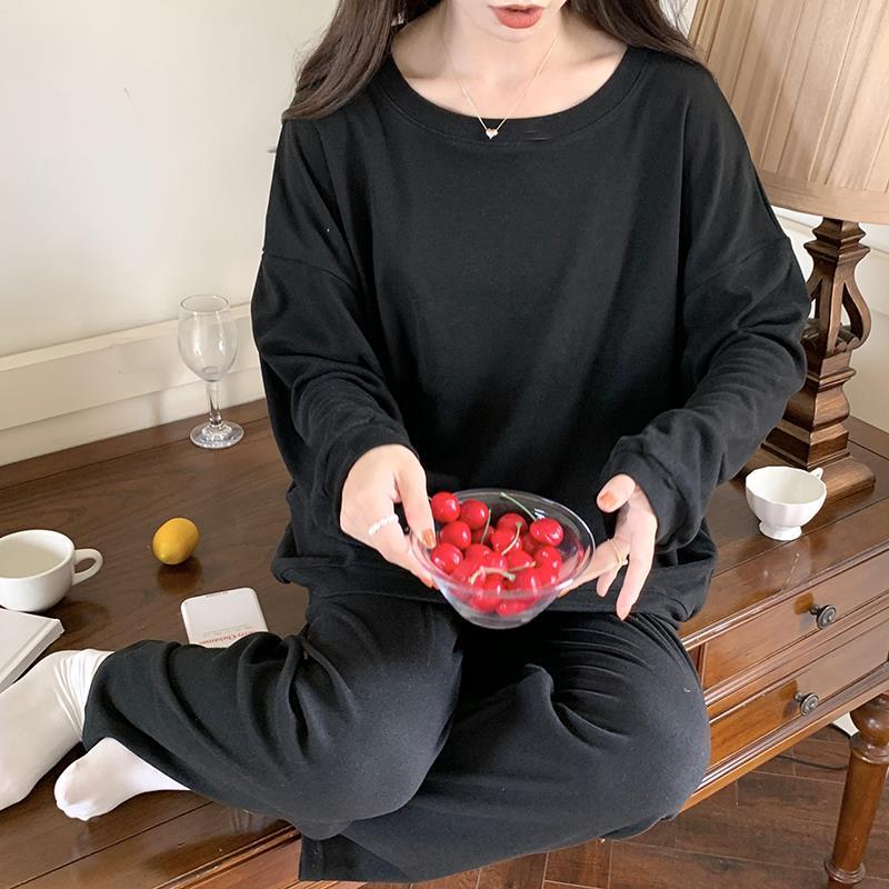 睡衣女款春秋季德絨保暖加厚韓版簡約黑色2023新款家居服冬天套裝