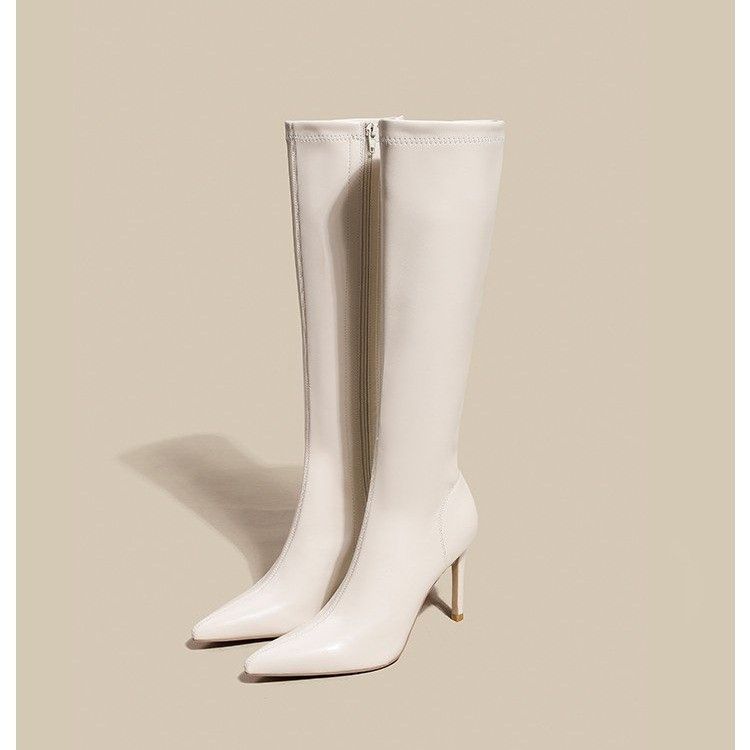 高跟长靴女年秋冬季新款尖头优雅白色不过膝长筒细跟高筒靴子