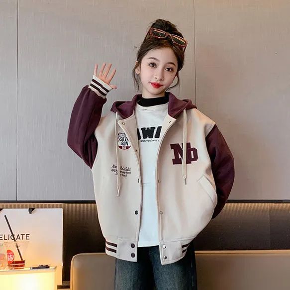Men's and women's double-layered velvet thickened jackets, parent-child clothing, autumn and winter styles for middle-aged and older children, student hooded baseball uniforms