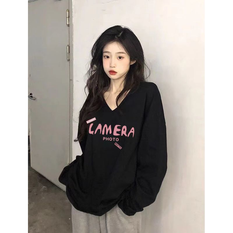 100%純棉v領長袖T恤女秋季新款寬鬆百搭顯瘦印花ins風正肩上衣服